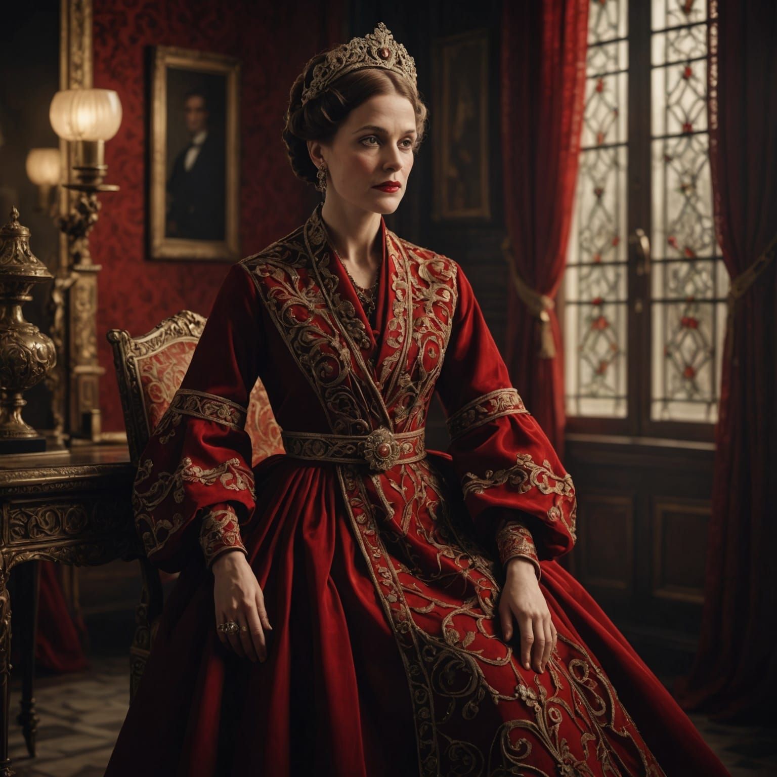 Aristocratic woman in red tulle