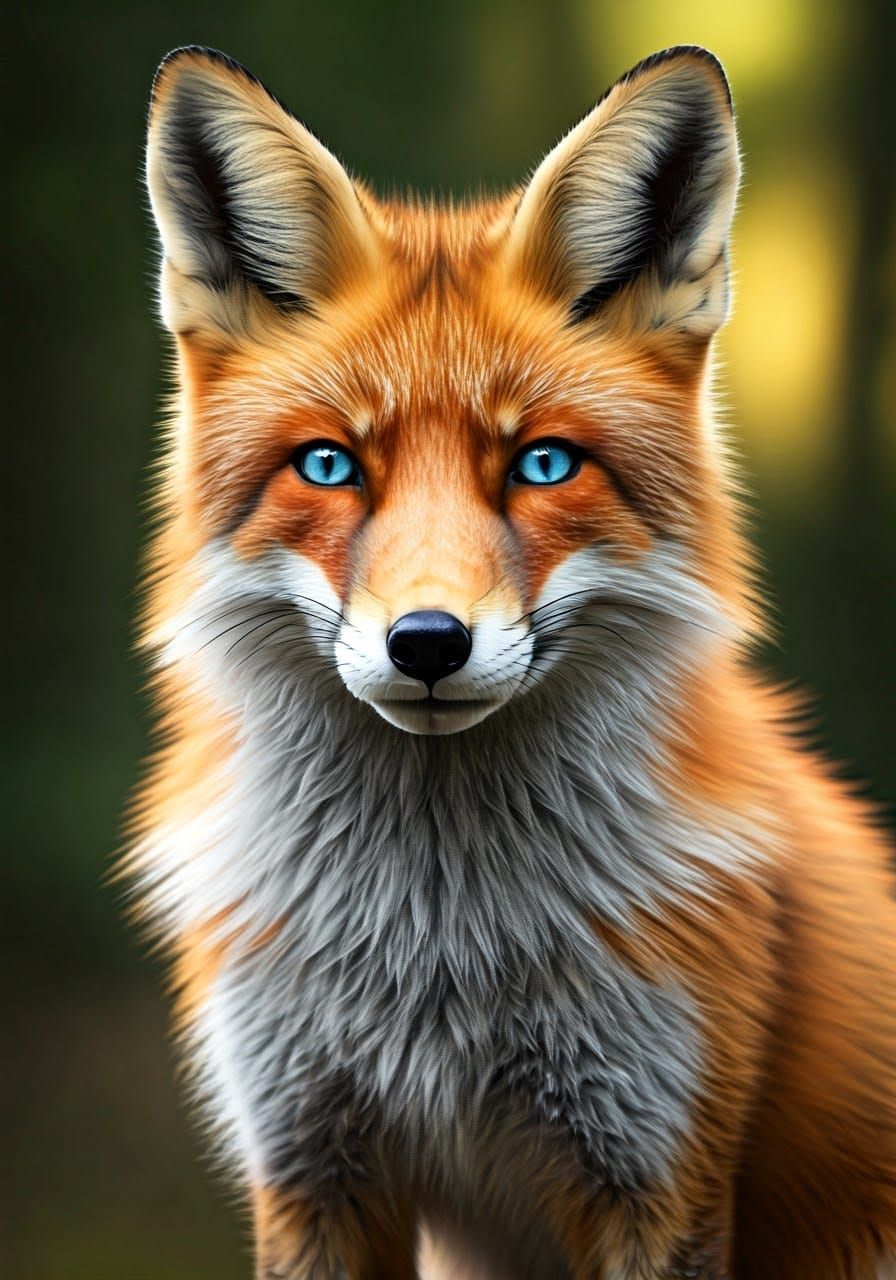 Blue-Eyed Ginger Fox in Forest, Photorealistic Style