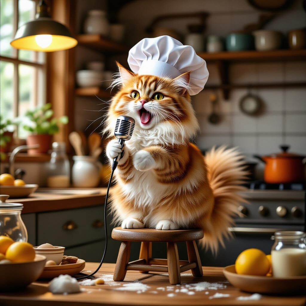 Ginger Cat Sings Karaoke While Cooking in Kitchen