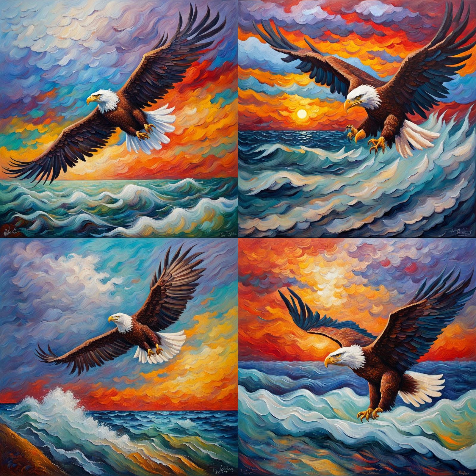 Eagle Over Stormy Ocean: Neo-Impressionist Oil Painting