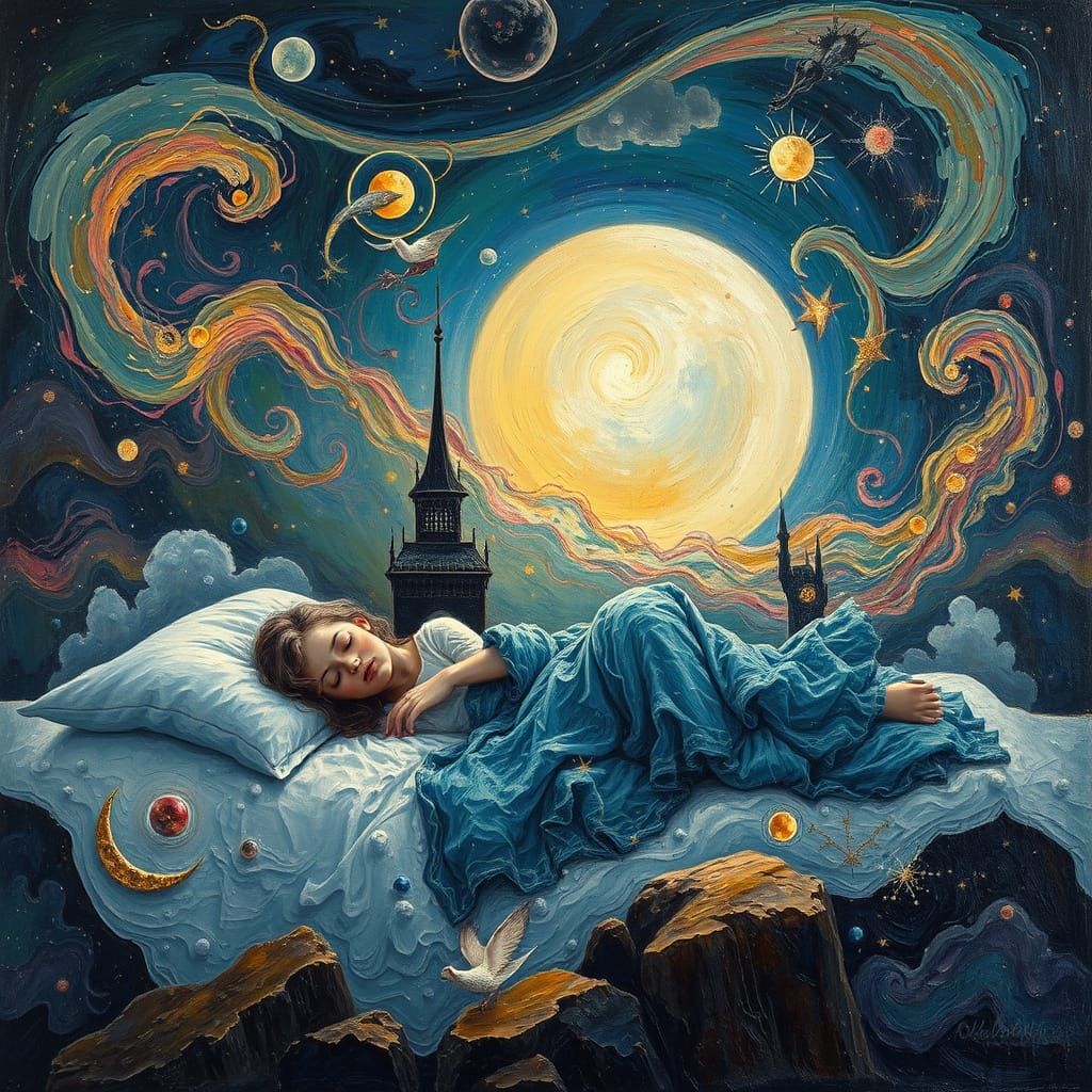 Dreamy Sleeper Surrounded by Whirling Dreams as Impasto Pain...