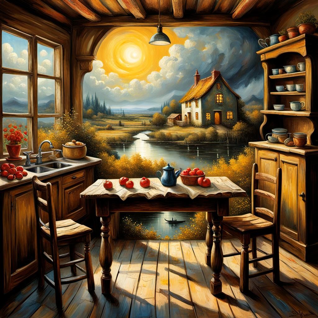 Charming Miniature Town in a Box, Impasto Painting