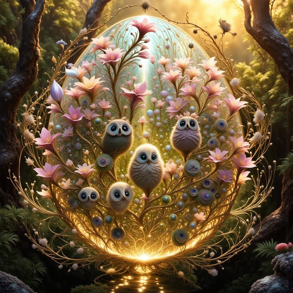 Photorealistic Owl-Flower Lilies in Root Shelf Landscape