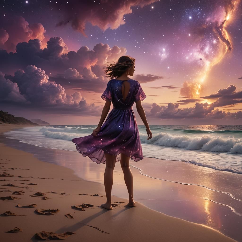 Girl on Nebula Beach in Digital Matte Painting
