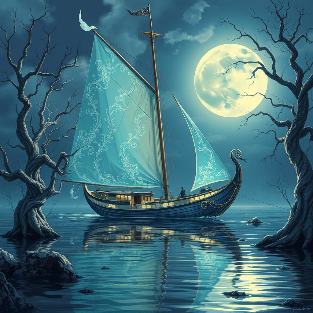 Ethereal Fantasy Vessel Sails Under Moonlit Trees