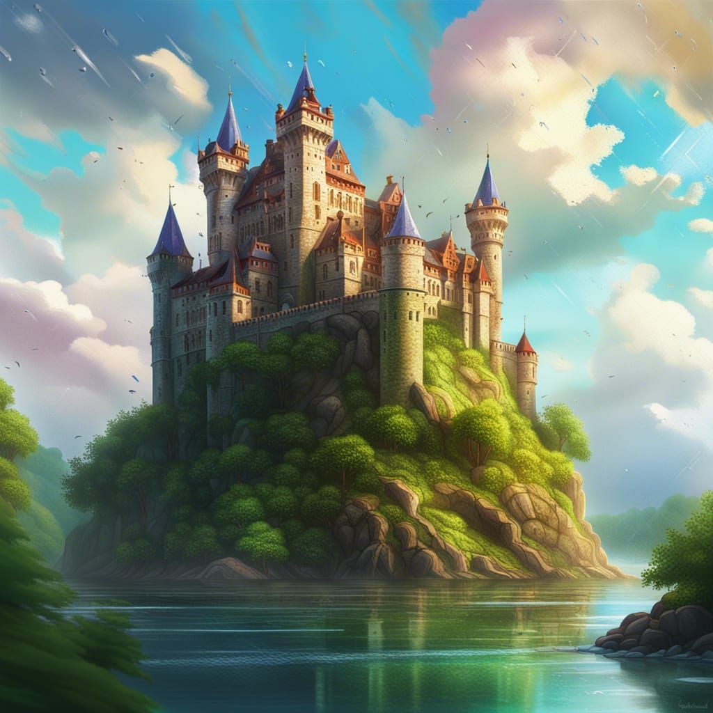 Majestic Island Castle in Hyperrealistic Splash Art