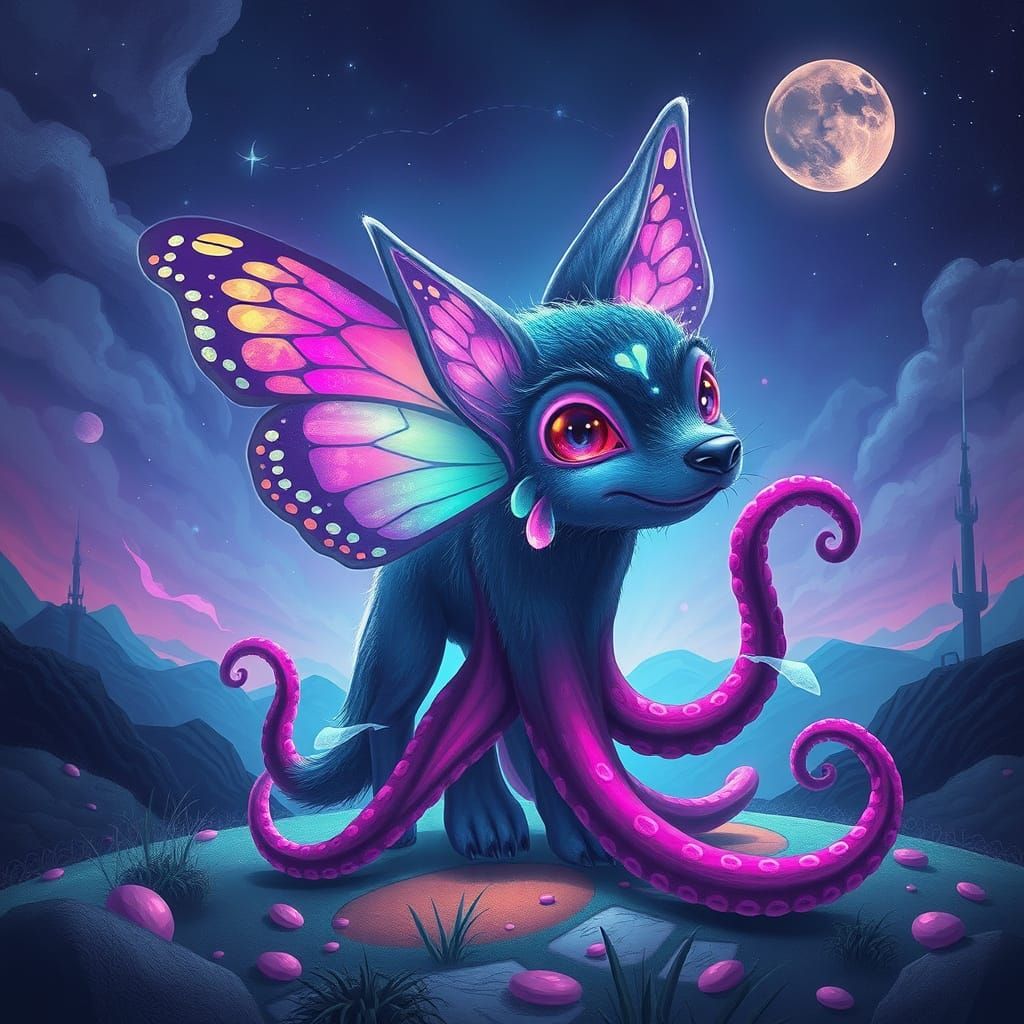 Surreal Wolf-Butterfly-Octopus Hybrid in Neon Dreamscape