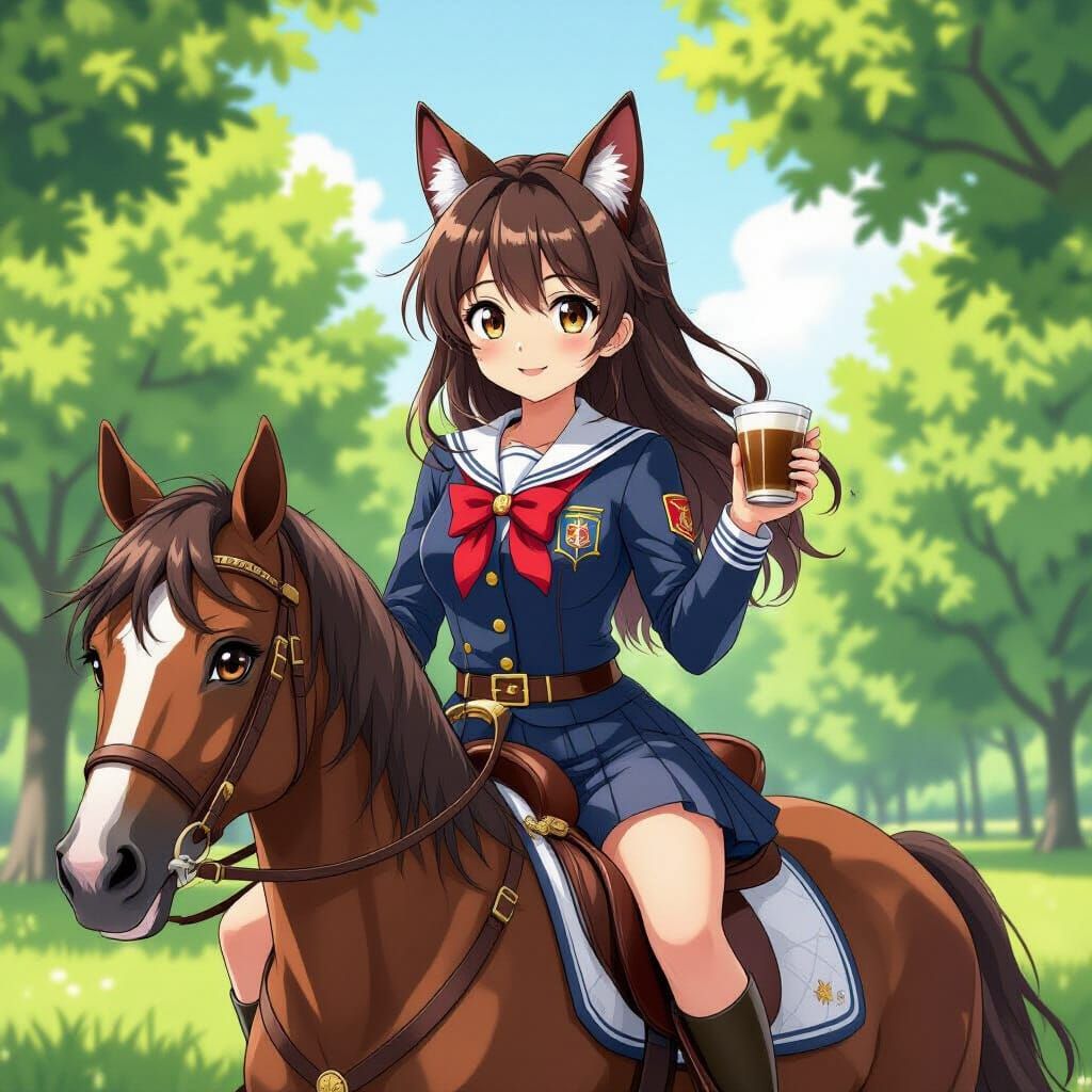 Anime Girl with Cat Ears Rides Horse in Park