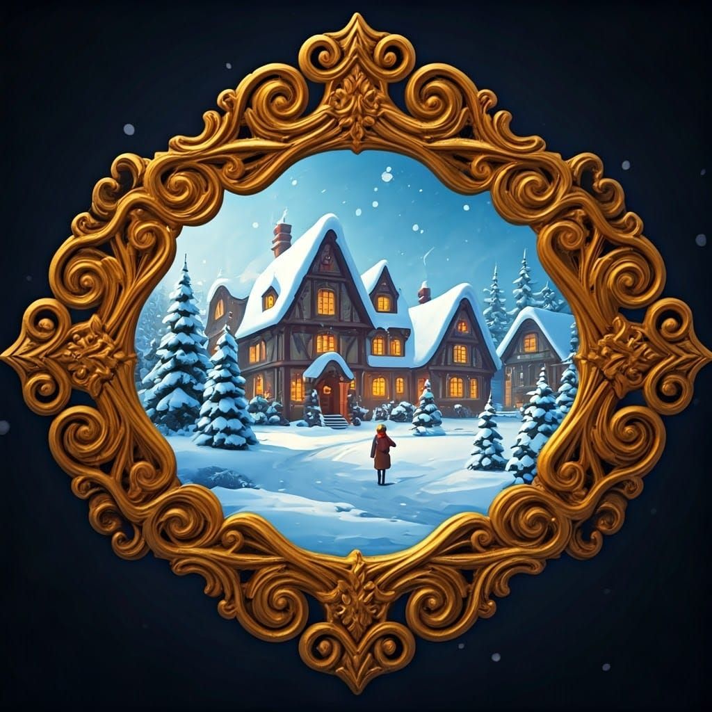 Whimsical Winter Village in Golden Frame