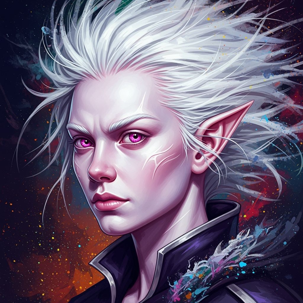 Albino Elf Portrait With Pink Eyes In Splash Art Style