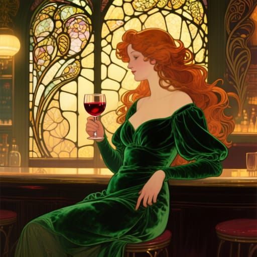 Art Nouveau Woman Enjoying Wine in Paris Bar