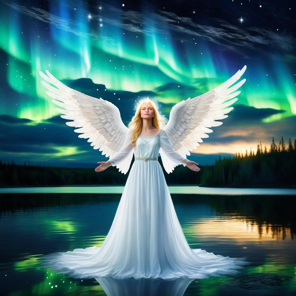Blonde Angel in Starry Night with Northern Lights