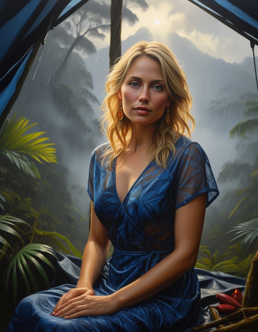 Surrealistic Oil Painting of Ethereal Woman in Rainforest Te...
