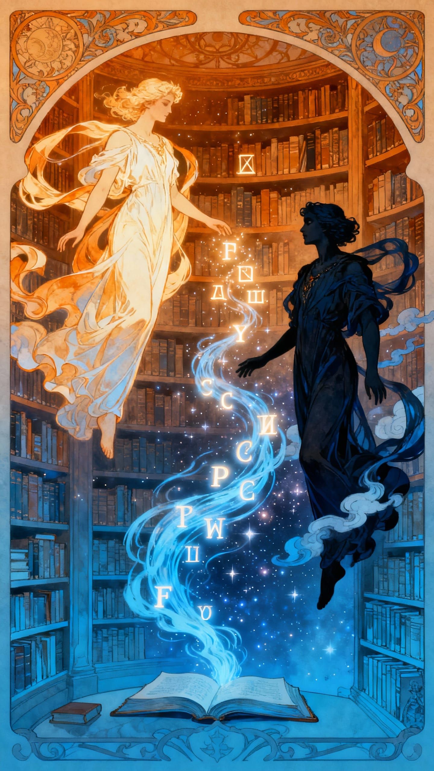 Art Nouveau Twins in Cosmic Library, Alphonse Mucha Style