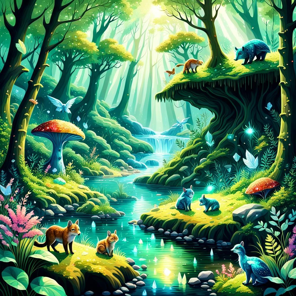 Harmonious Animals in Sparkling Forest, Fantasy Art