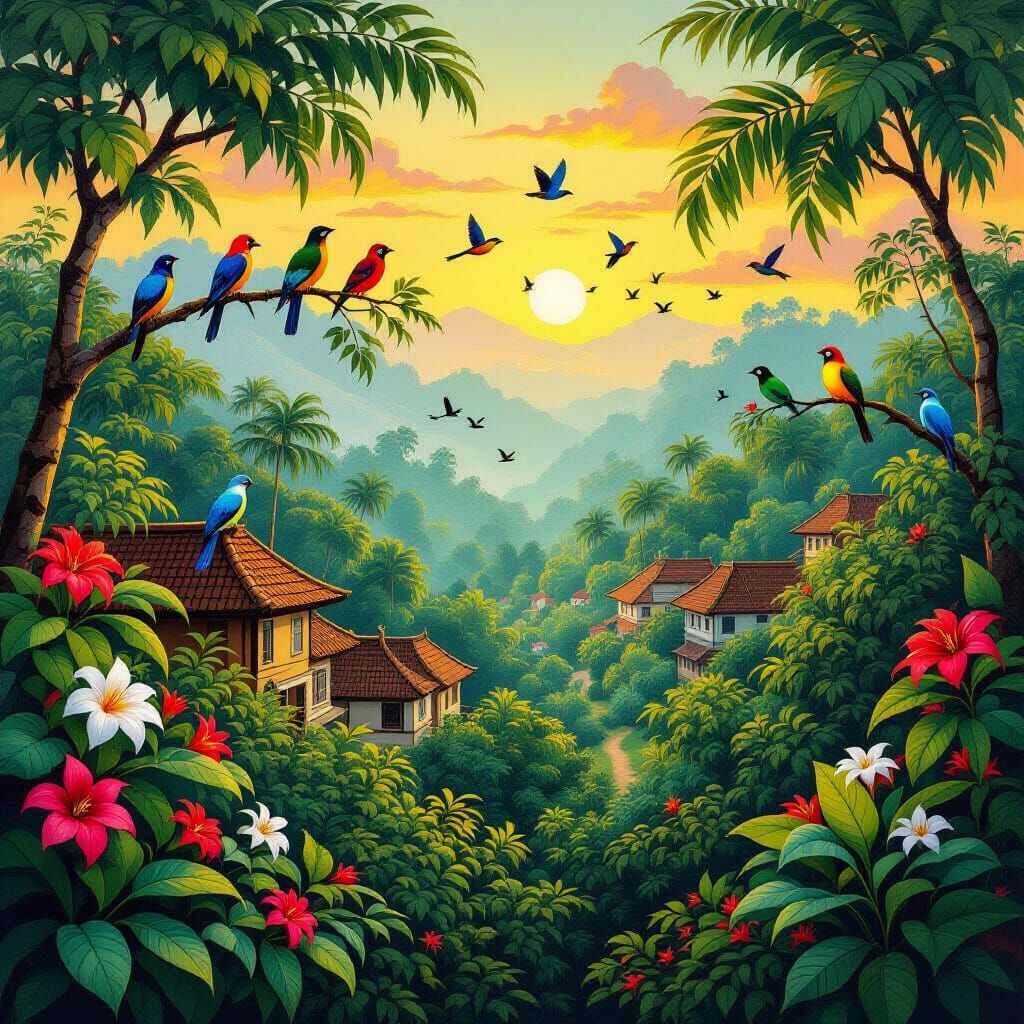Vibrant Indonesian Village with Exotic Birds at Golden Hour