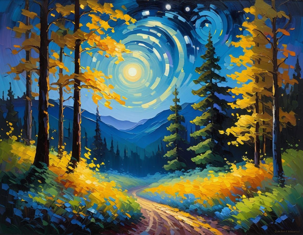 Impressionist Starry Forest Scene with Lone Figure