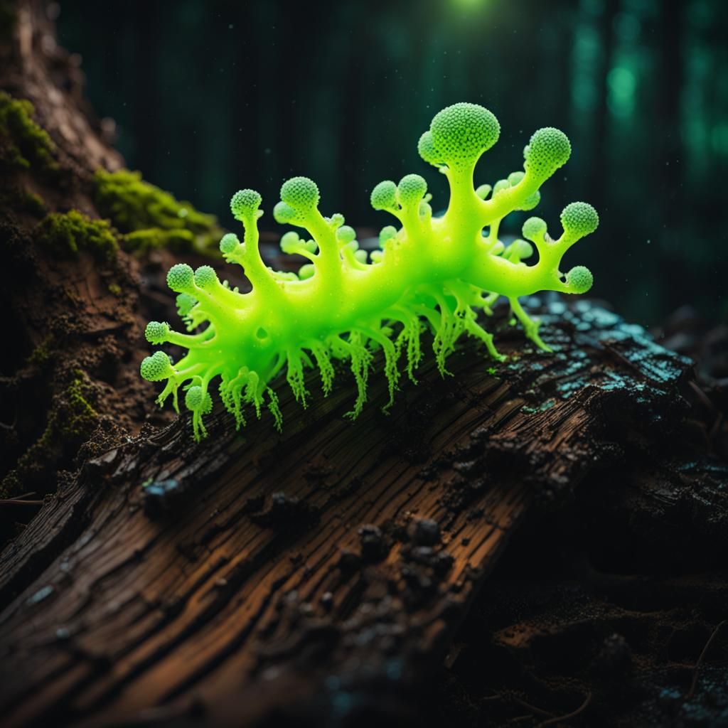 Iridescent Bioluminescent Slime Mold Macro Photograph