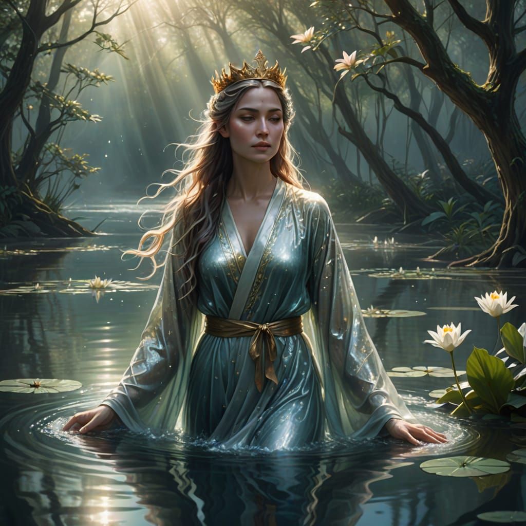 Mystical Woman Emerges from Serene Lake in Ethereal Digital ...