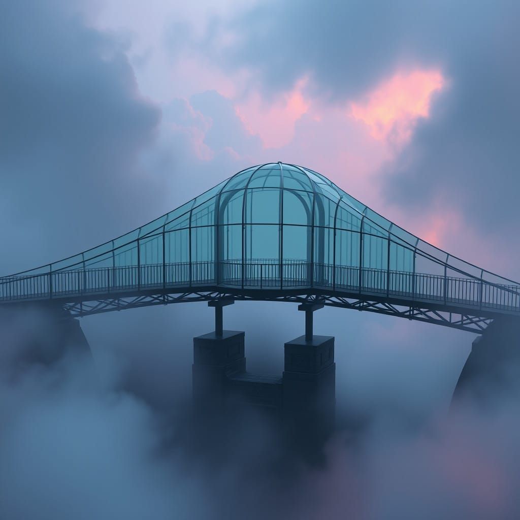 Ethereal Glass Bridge in Mystical Foggy Landscape