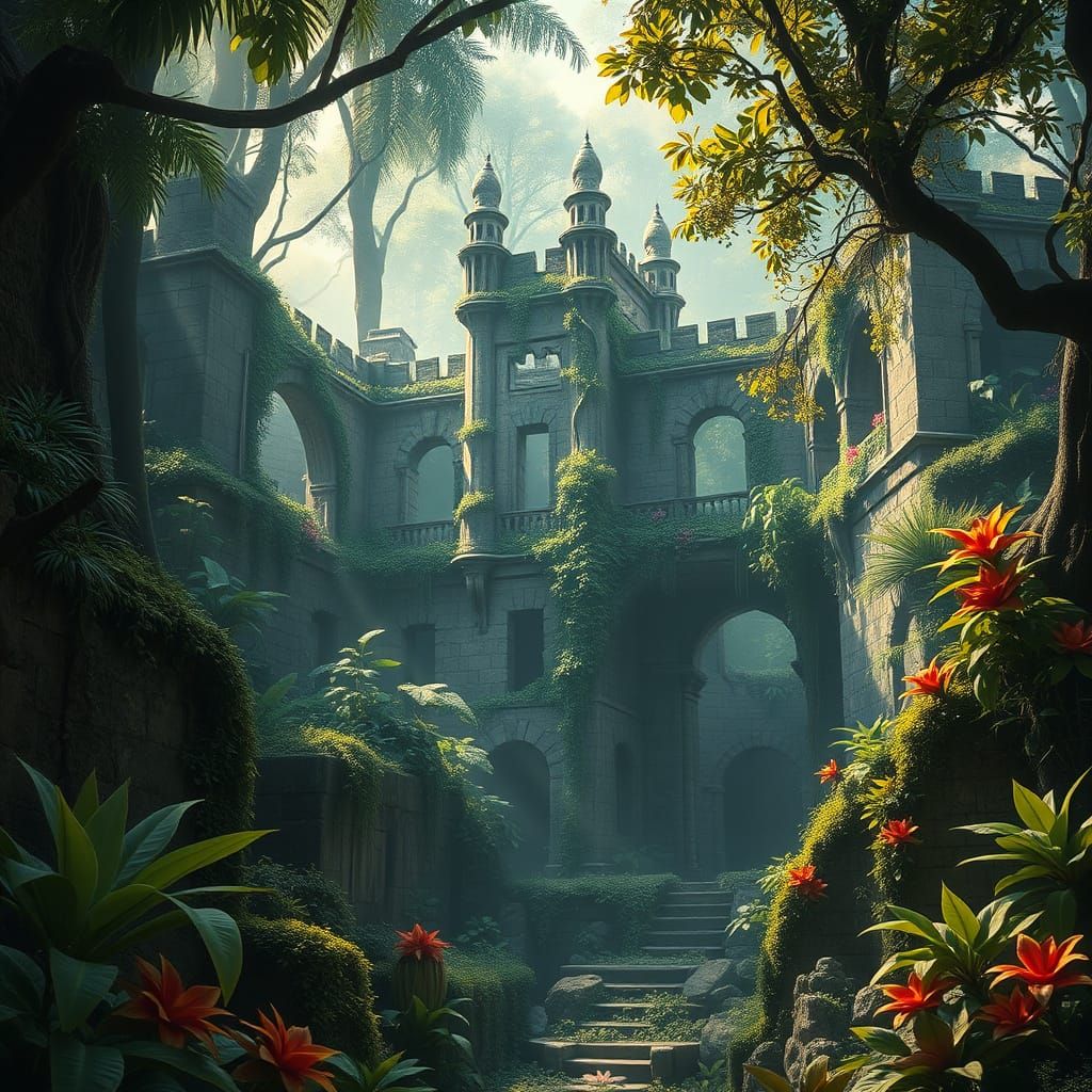 Ancient Castle Ruins Amidst Lush Jungle Foliage in Fantasy S...