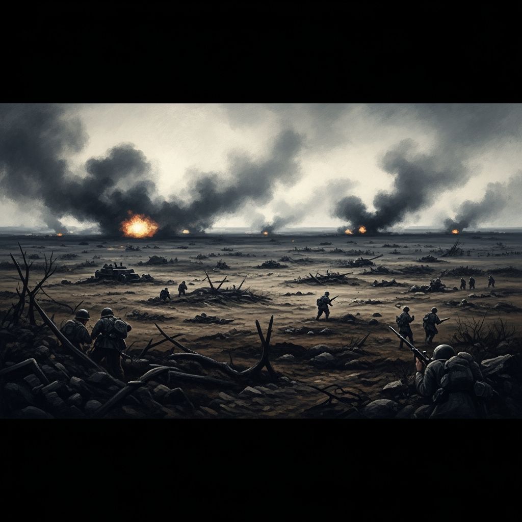 WWII Battlefield Oil Painting: Grim Reality of War