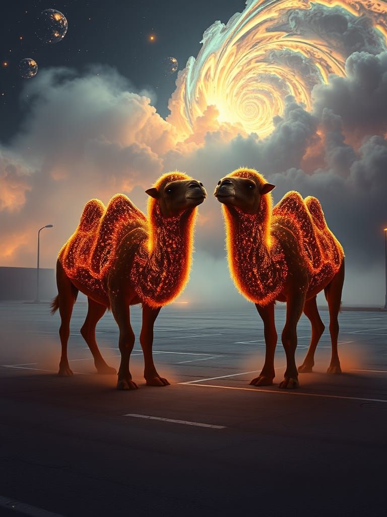 Neon Camels Frolic in Surreal Desert Landscape