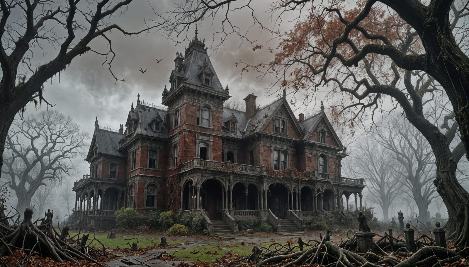 Gothic Haunted Mansion with Vampire Gargoyles