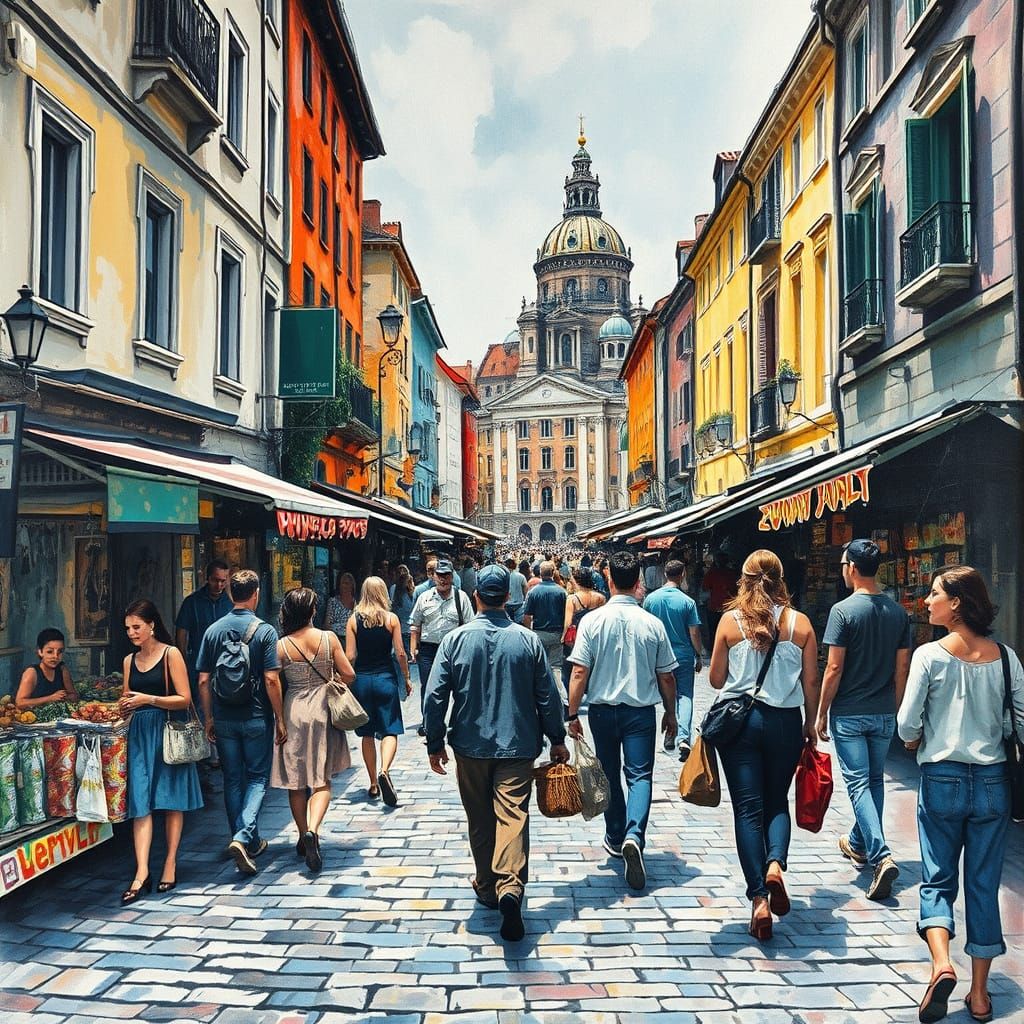 Vibrant Market Street Scene in Expressive Impressionist Styl...