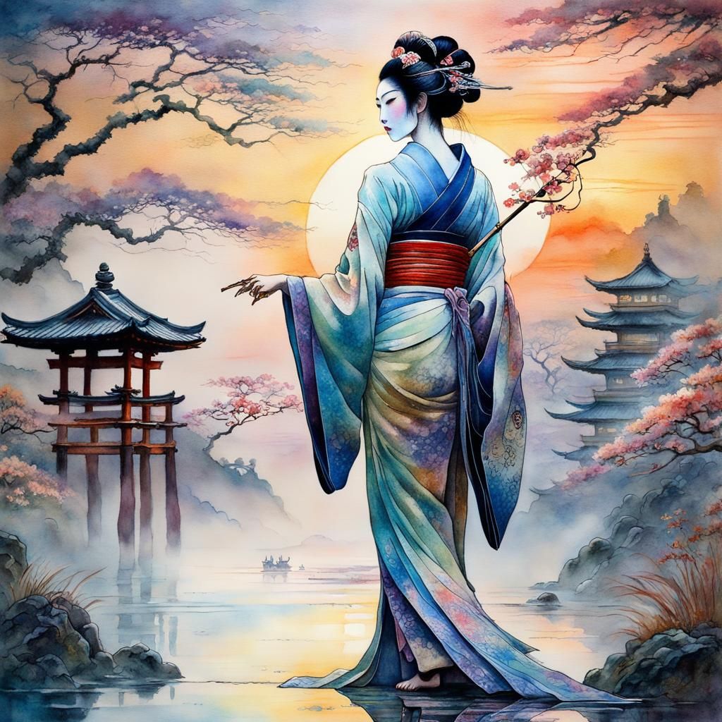 Misty Geisha: A Cinematic Watercolor Masterpiece