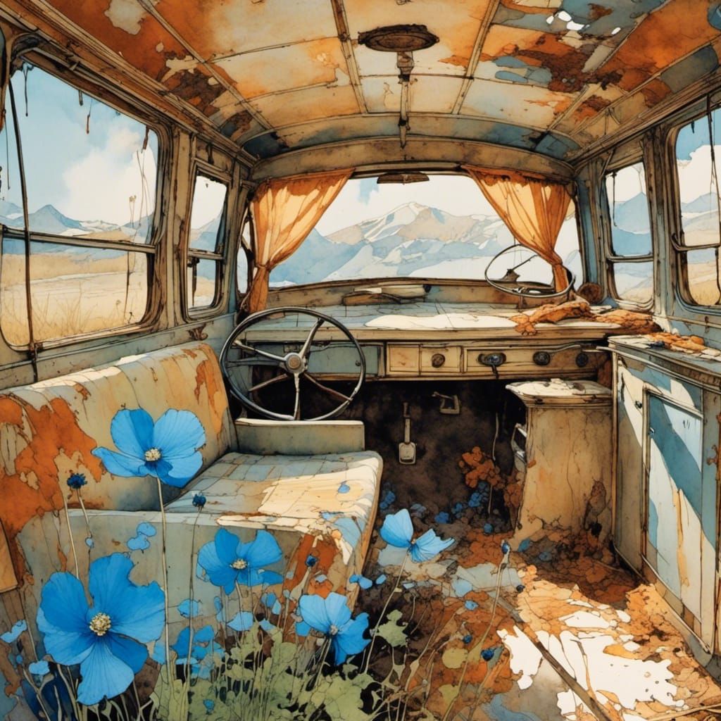 Sunlit Camper with Poppies in Watercolor Splash Art