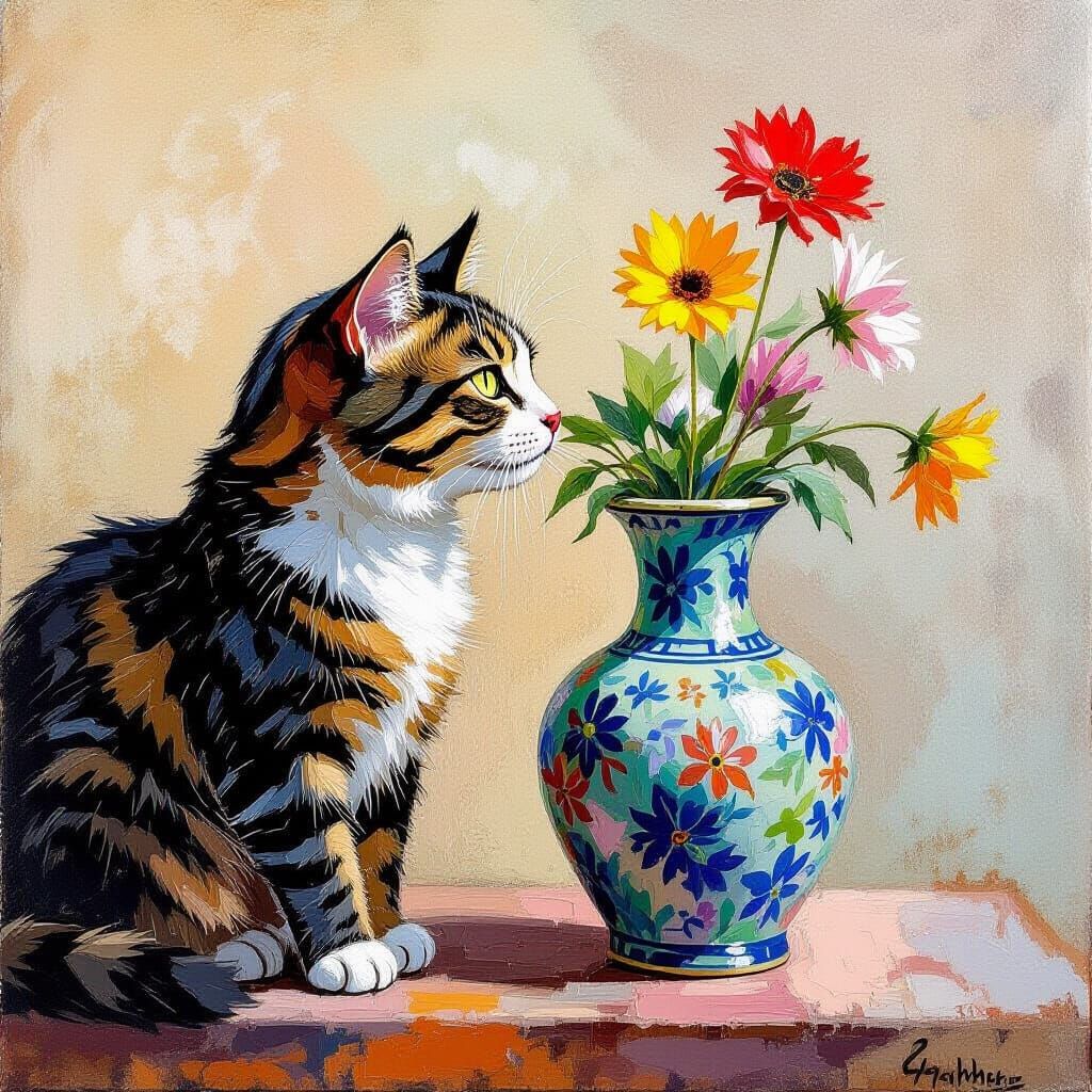 Filigree Cat Sniffs Vase in Masterpiece Gouache Style