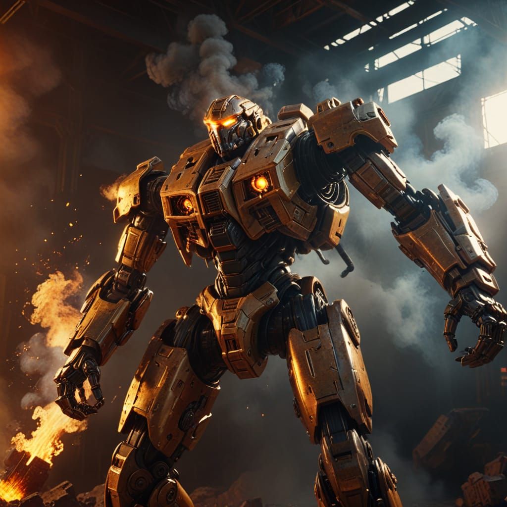 Battle Mech Engulfed in Flames at Golden Hour