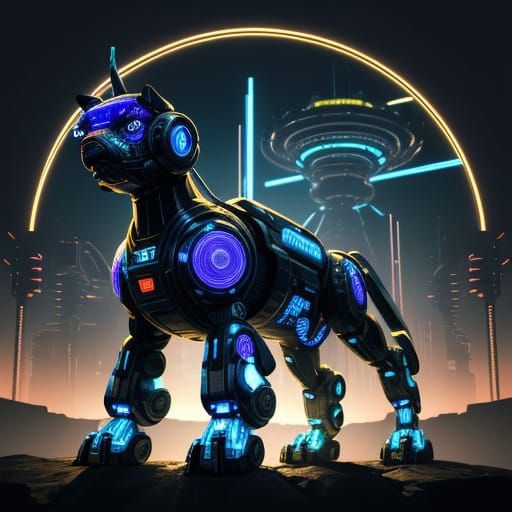 Retro-Futuristic Robot Dog in Neon-Lit Cityscape