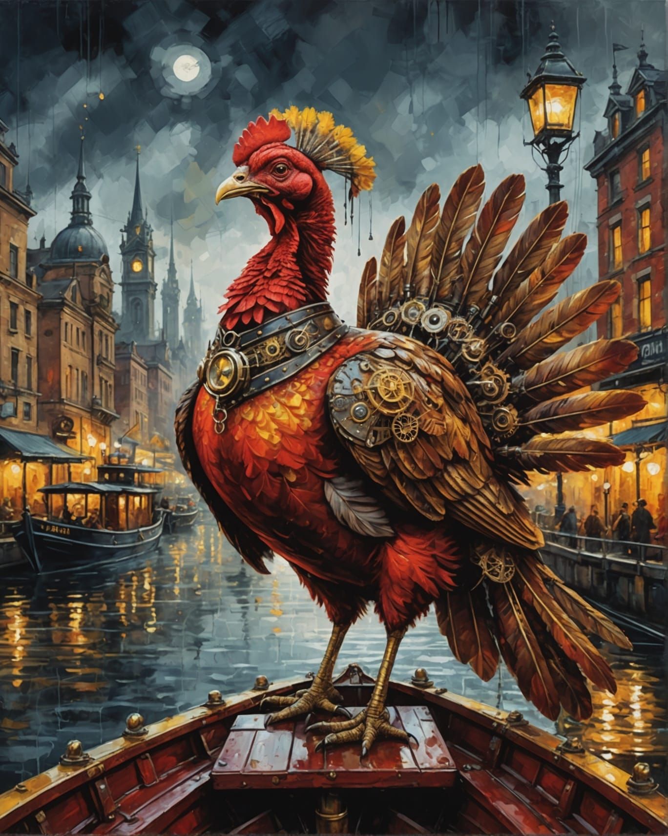 Steampunk Turkey in Red Dress Driving Boat