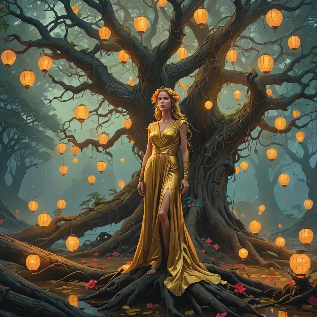 Fantasy Art: Woman in Golden Gown with Lanterns