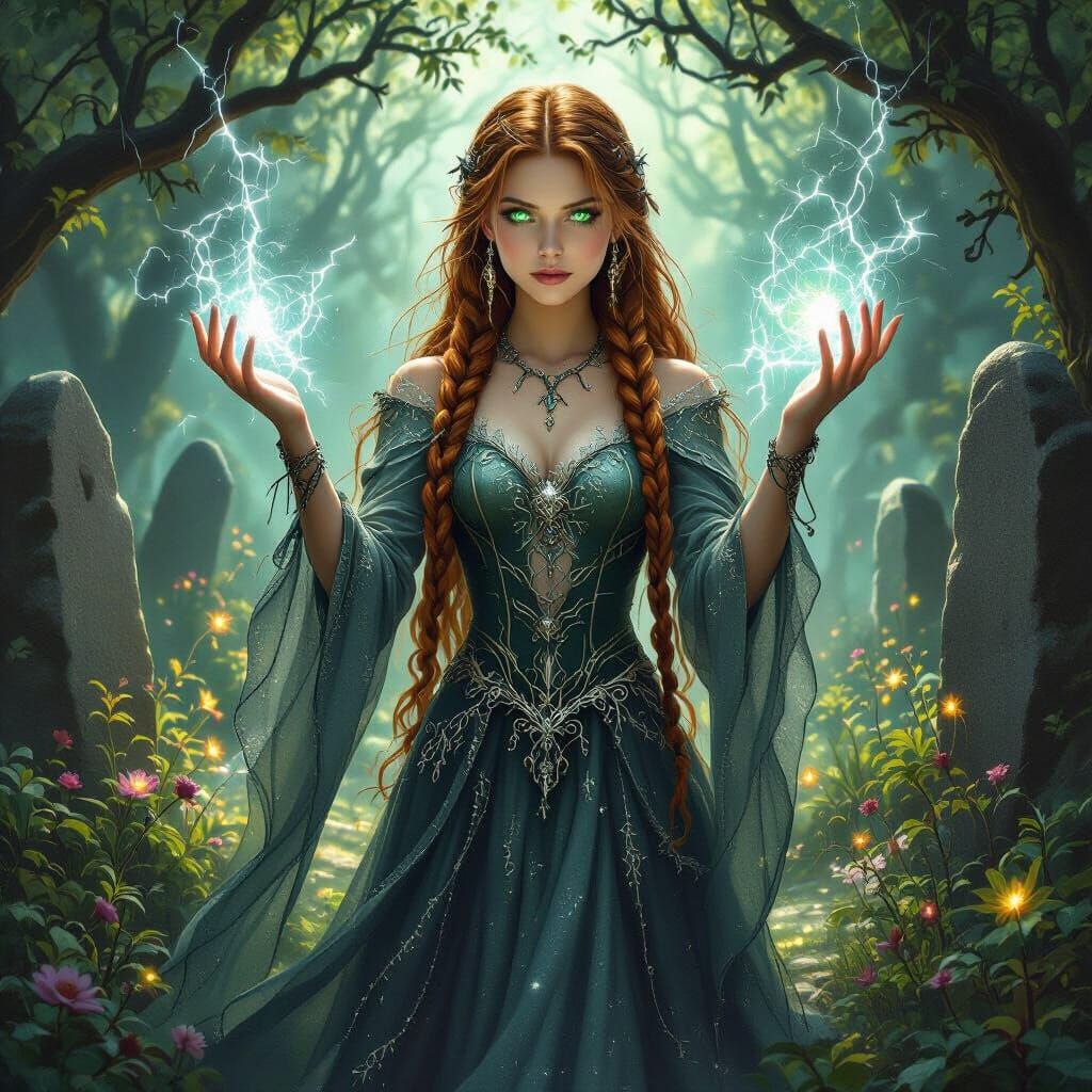 Sorceress Summons Celestial Storm in Dark Fantasy Style