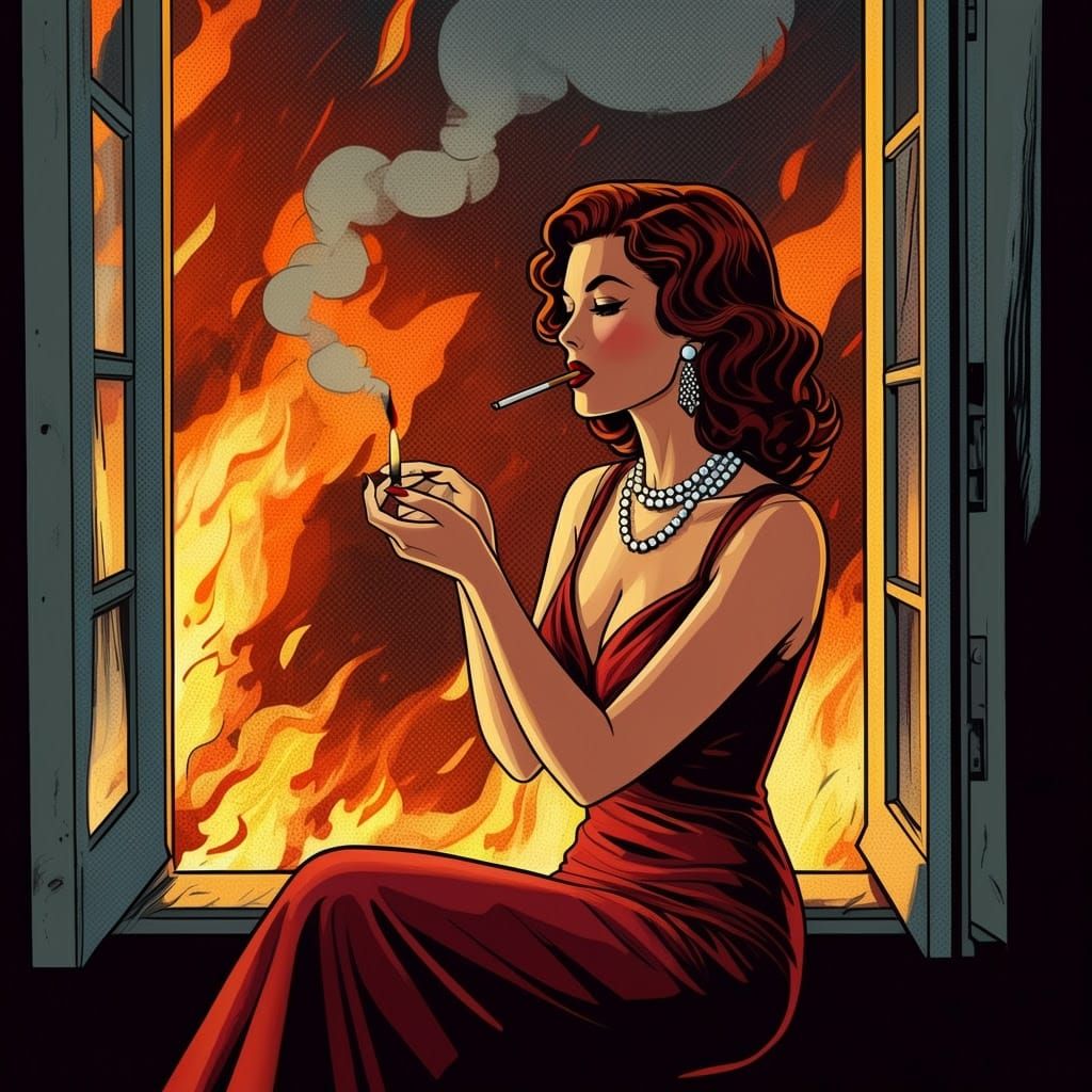 Glamorous Woman in Vintage Comic Book Style with Raging Fire
