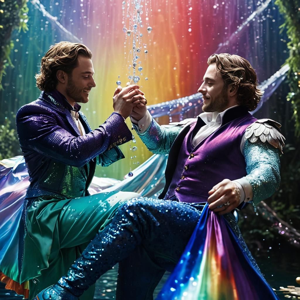 Gay Couple Embrace in Iridescent Shimmering Light