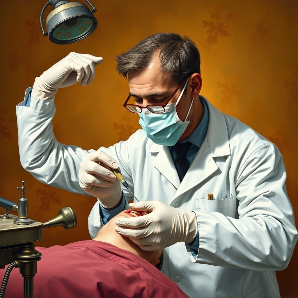 Dentist in Gouache Style with Antique Medical Equipment