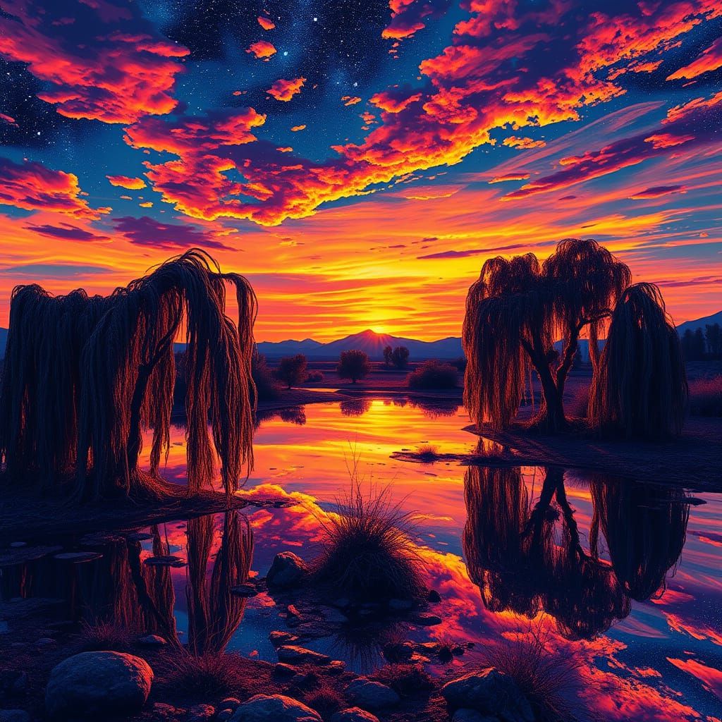 Vivid Sunset in Outer Space with Reflective Flow