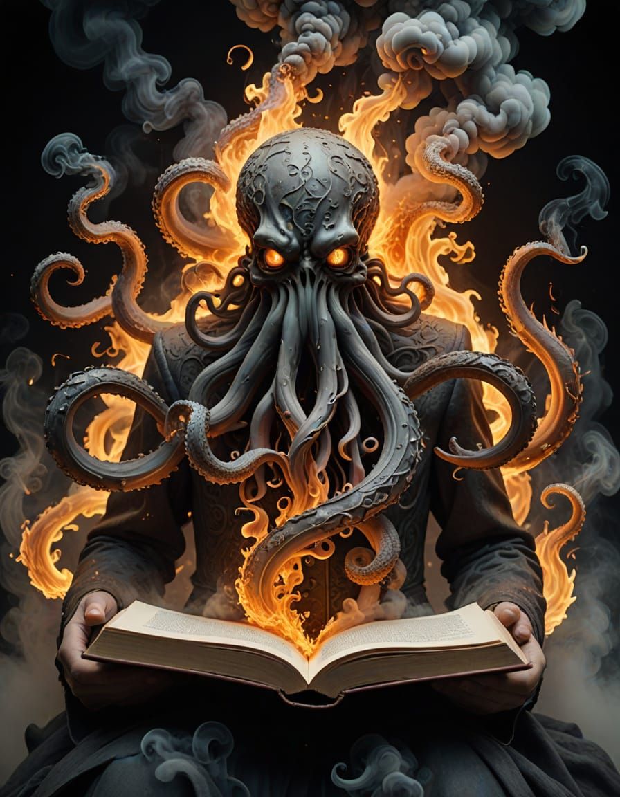 Ethereal Kraken Holds Flaming Book with Twisting Letters
