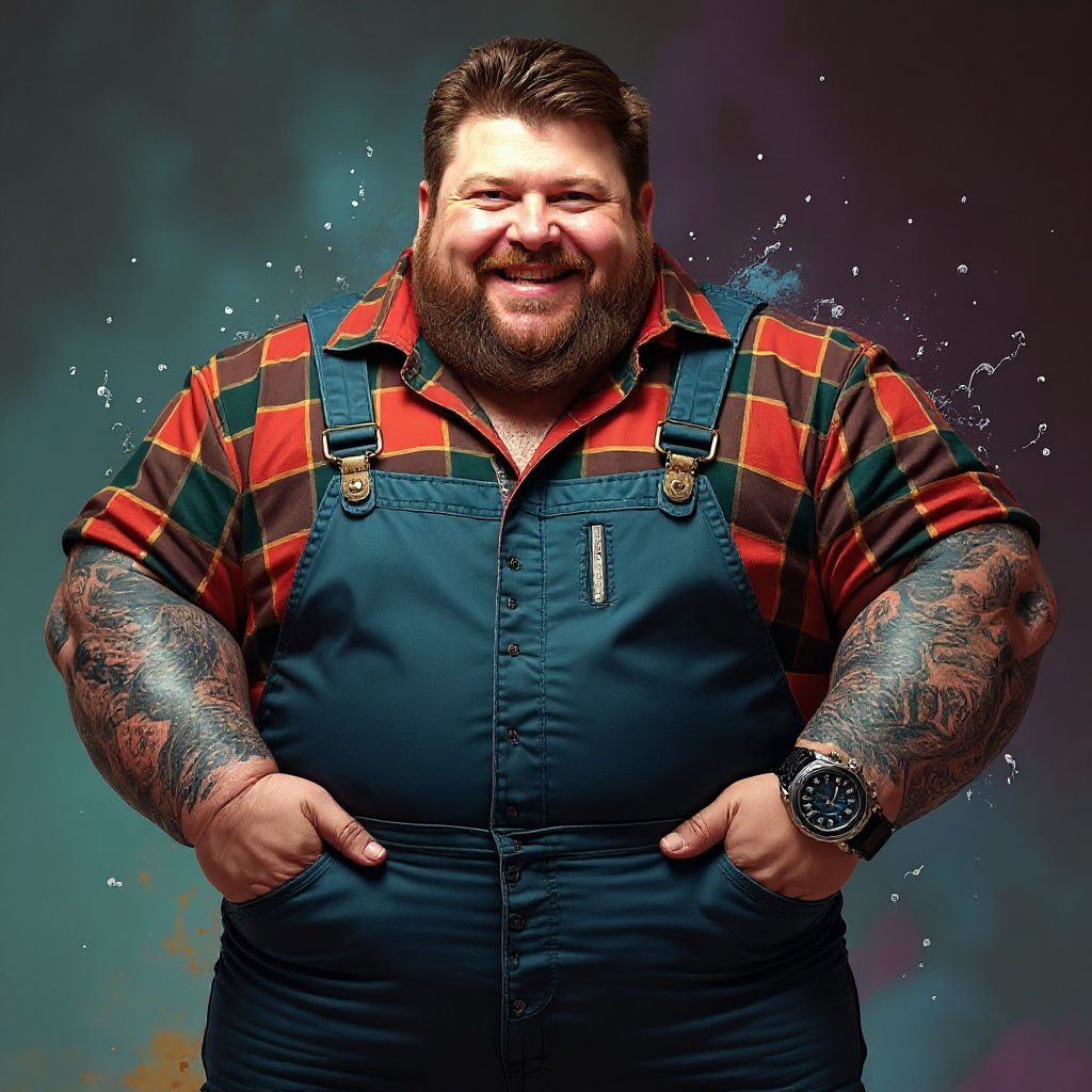Chubby Buff Farmer in Overalls: Hyperrealistic Portrait