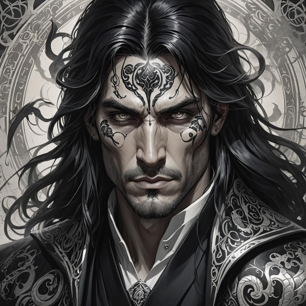 Sorcerer Portrait with Serpent Tattoo, Digital Art