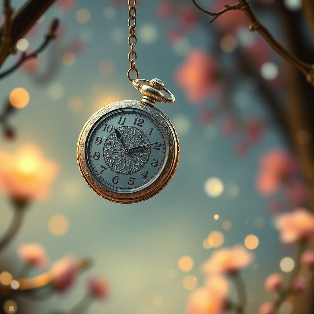 Glittering Pocket Watch Swings in Whimsical Scene