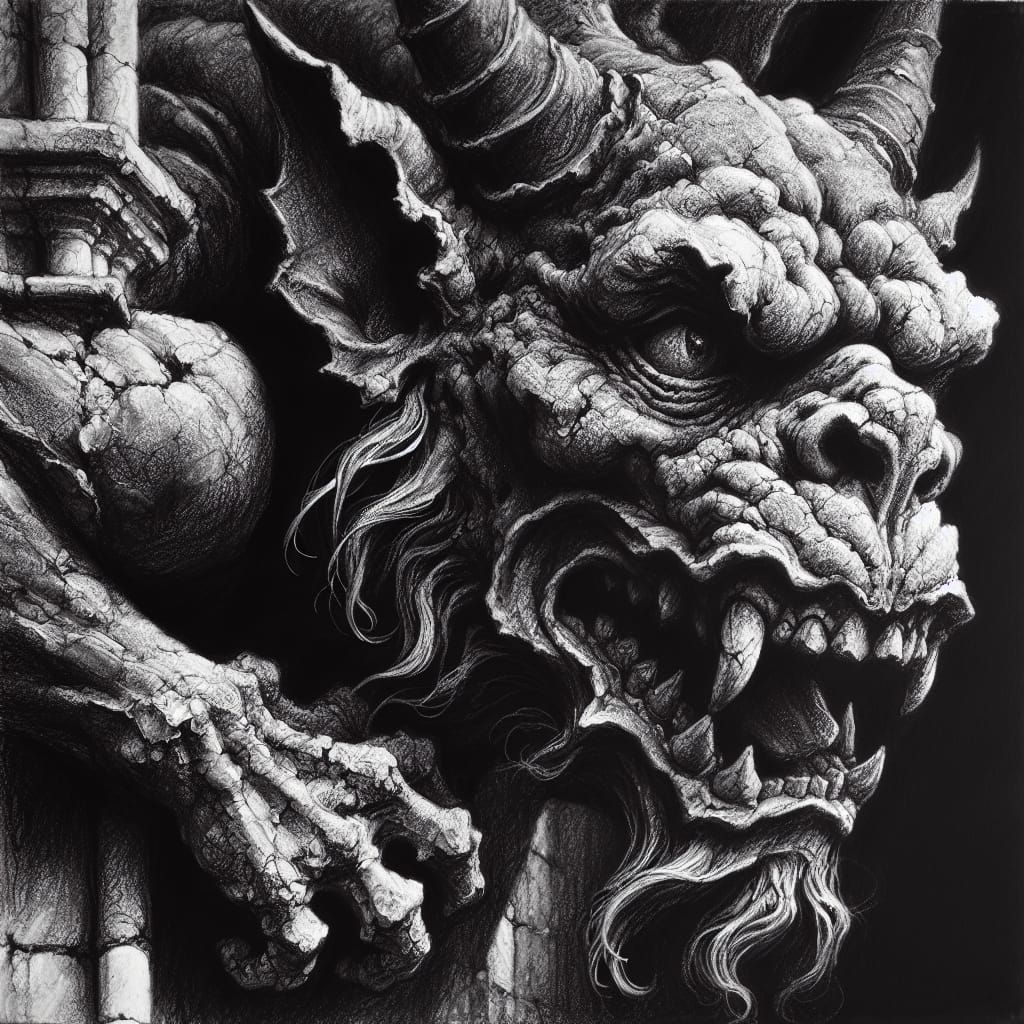 Intricate Charcoal Drawing of a Medieval Gargoyle