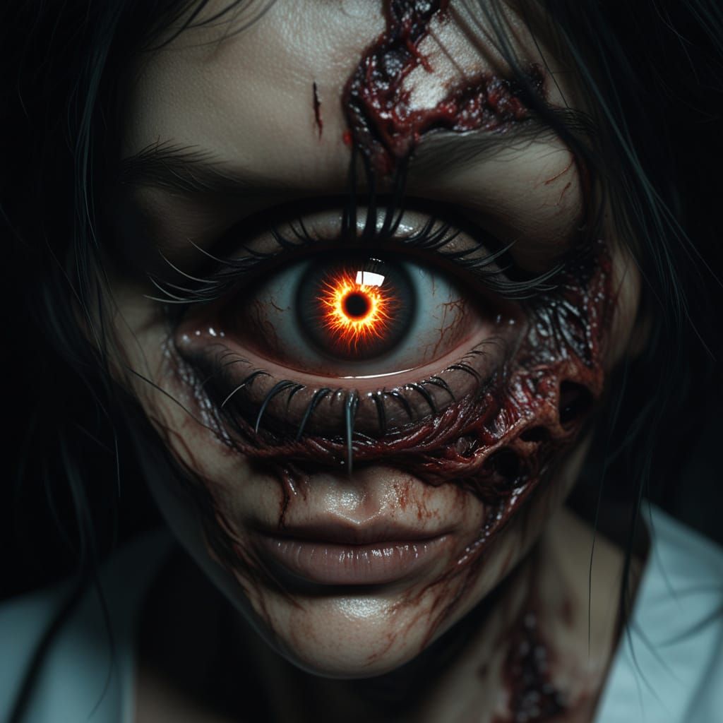 Unsettling Nurse Eye Portrait: Demonic Inferno Reflection