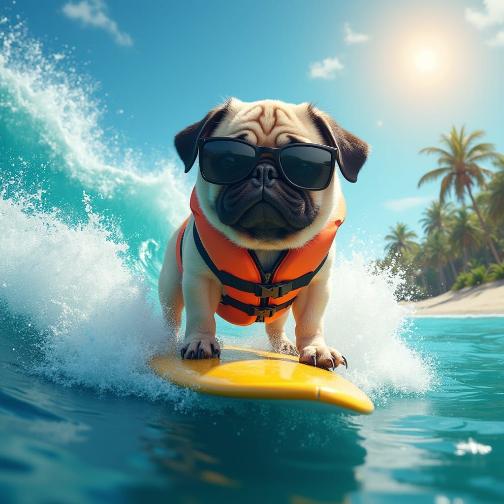 Pug Surfing a Wave in Photorealistic Style