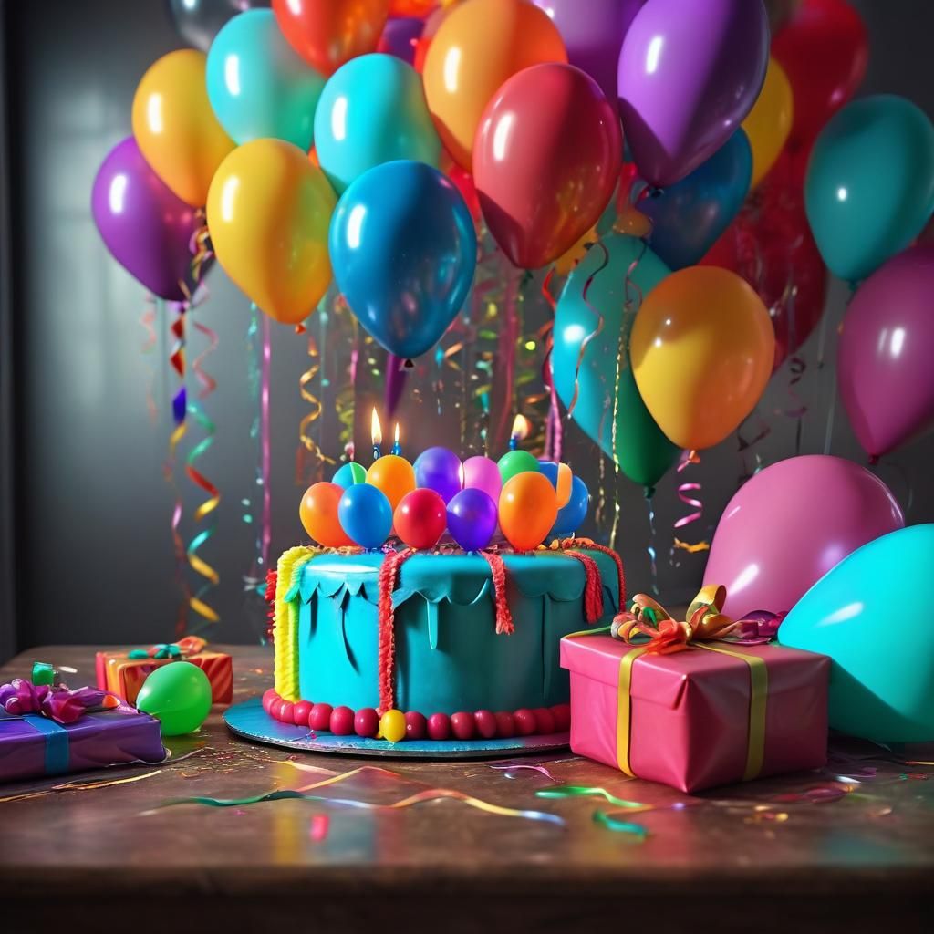 Hyperrealistic Birthday Celebration with Cake and Presents