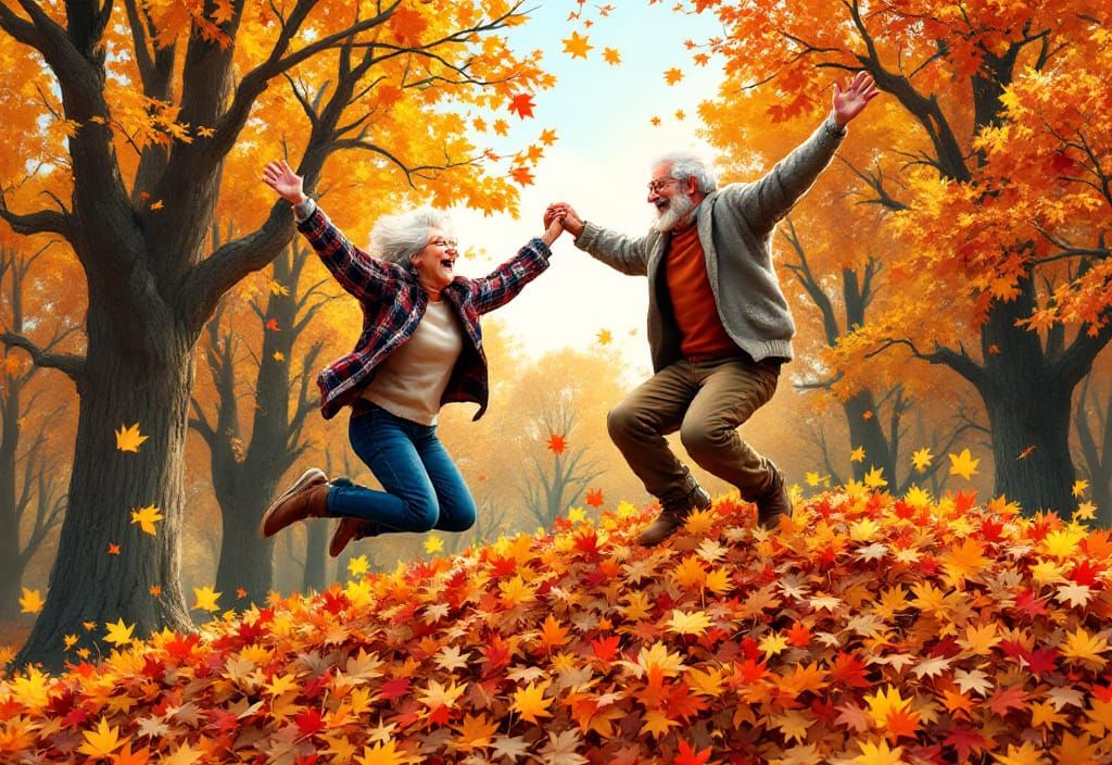 Grandma and Grandpa Leap into Fall Leaves